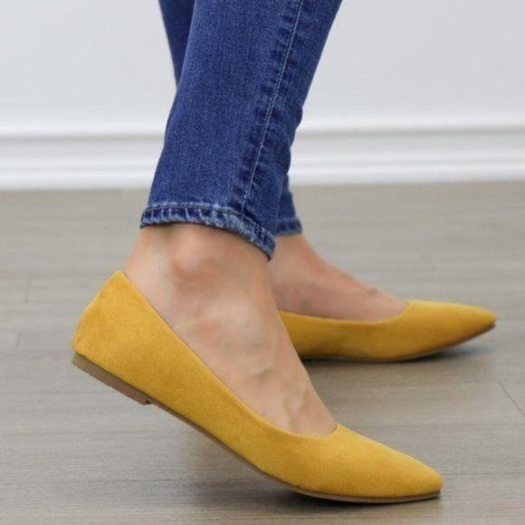 Shoes - Mustard Yellow Vegan Suede Pointy Toe Flat Shoes